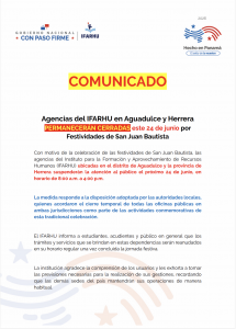 Agencias del IFARHU en Aguadulce y Herrera permanecerán cerradas este 24 de junio por festividades de San Juan Bautista